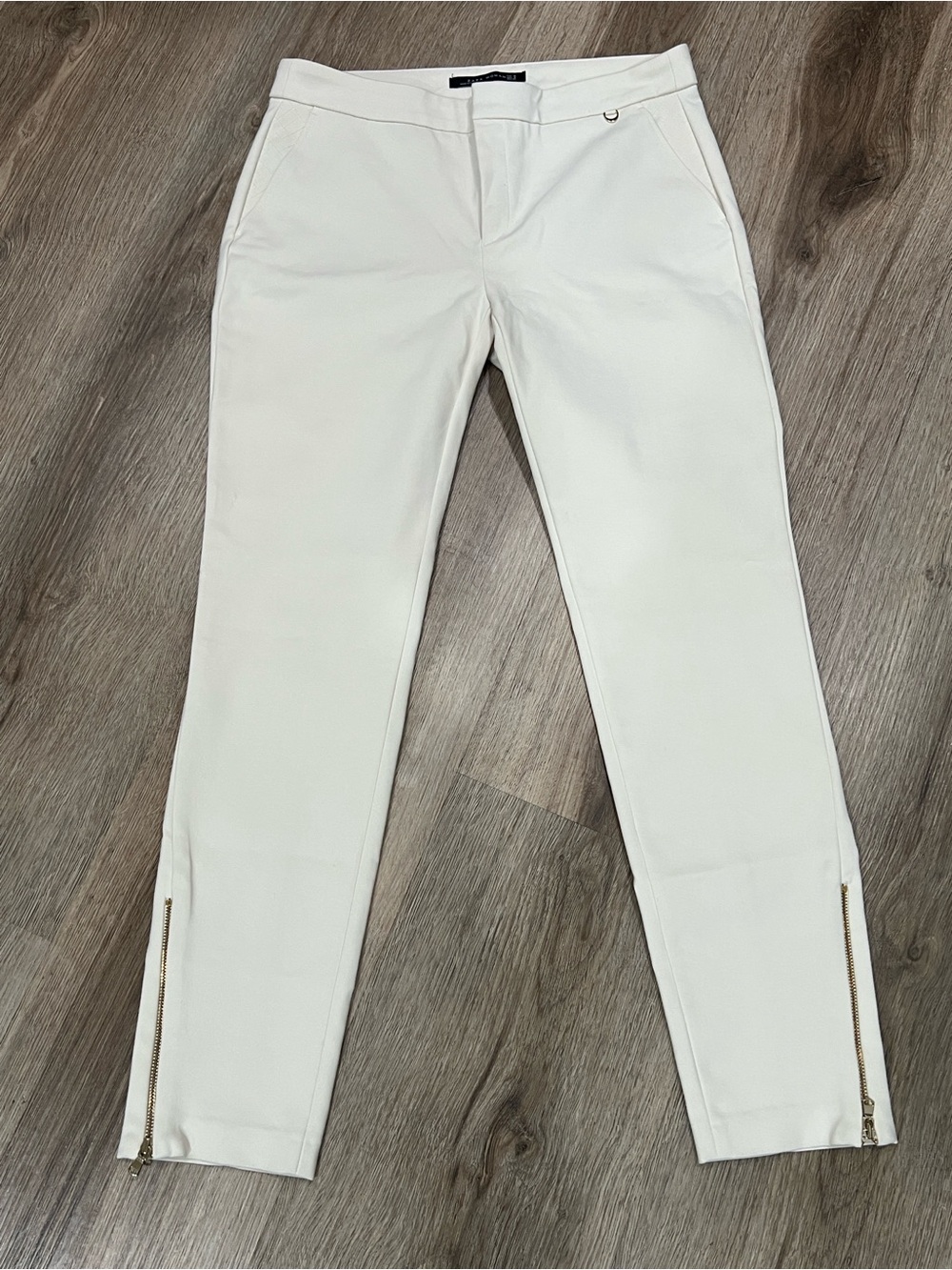 Zara Cream Slim Ankle Pants with Gold Zipper Detail